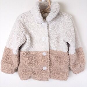 H&M Collared Teddy Fleece Colorblock Button Front Jacket Cream Brown Girls Sz 3T